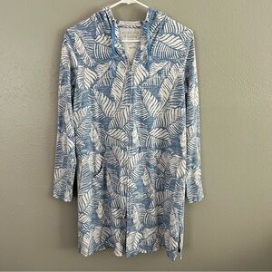 Coolibar Cabana Hoodie S Blue White Leaf UPF 50+ Full Zip Tunic Coverup Jacket